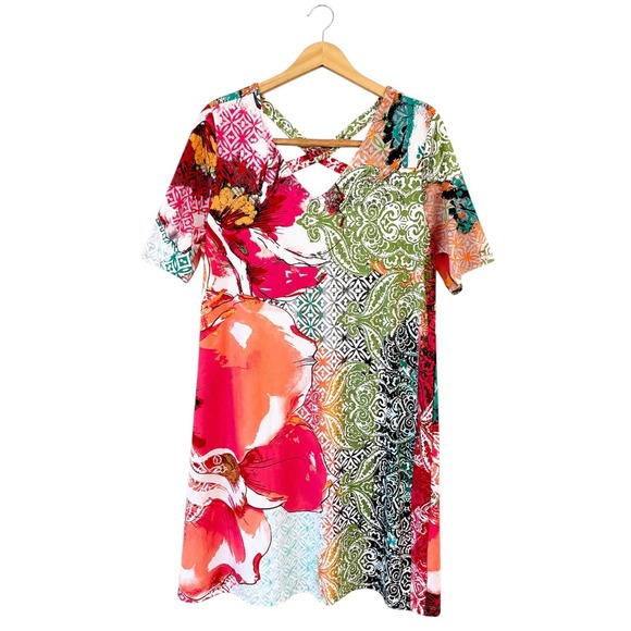 Chico's Dresses & Skirts - Chicos Abstract Colorful Floral V-Neck Shift Dress Womens Size 2 Large Vibrant